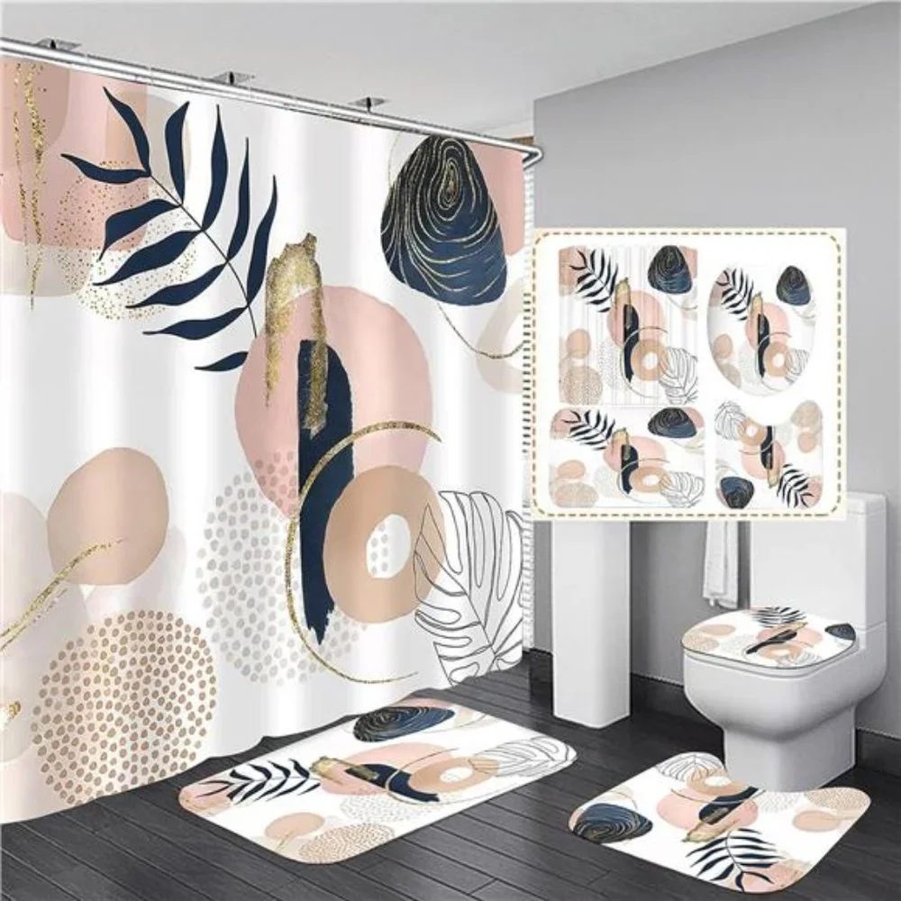 Abstract Mid Century Shower Curtain Set Floral Plant Neutral Bathroom Minimalist